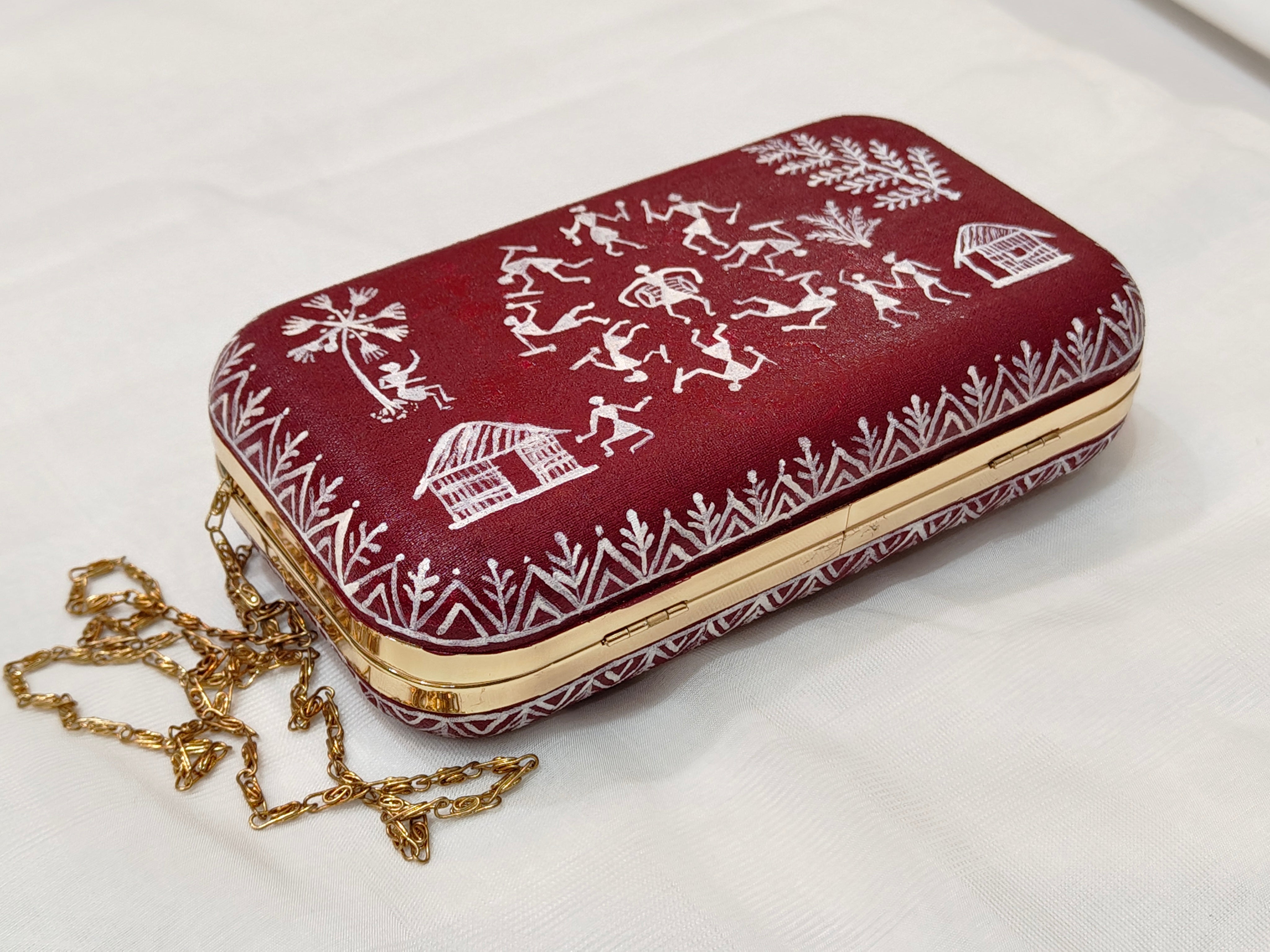 Handpainted Worli Art Clutch on Canvas with Metal Clip – Maroon Base